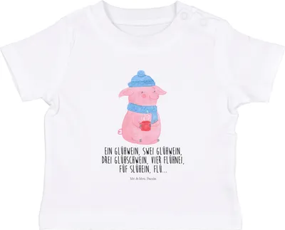 Produktbild von Mr. & Mrs. Panda Organic Baby Shirt Schweinchen Glühwein 6. - 12. Monat - Weiß - Geschenk, Weihnachtsmarkt, Jerseyshirt, Spruch, Kinder Oberteil, Kurzarmshirt, Babyshirt