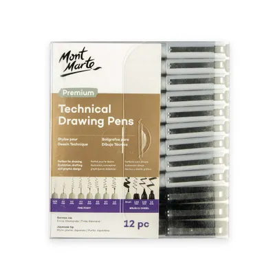 Produktbild von Mont Marte PREMIUM Malstifte Set, 12 Zeichenstifte mit verschiedenen Spitzen - Ideal für Kalligraphie, Grafikdesign, Skizzen und Handlettering