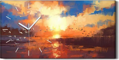Produktbild von Leinwand Uhr Küche Wohnzimmer Bild 60x30 Gemälde mit Sonnenuntergang am See - weiße Hände