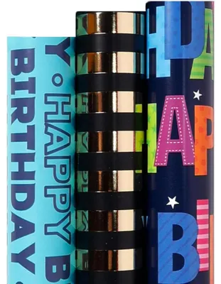 Productafbeelding van Geprinte cadeaupapierrollen, blauw en zwart, 3 stuks (43x500 cm per rol), geschikt voor verjaardagen en feestdagen