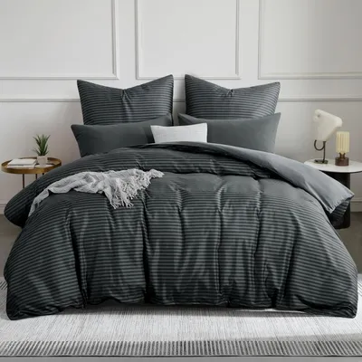 Produktbild von Bettwäsche-Set 200x200 cm 3-teilig Gestreift Anthrazit Mikrofaser mit 2 Kissenbezügen 80x80 cm Reißverschluss Bügelfrei