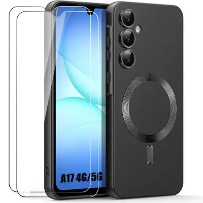 Image de Coque + 2 Verres Trempés pour Samsung Galaxy A17 4G/5G, Silicone Anti-Rayures avec Cercle Magnétique - Noir