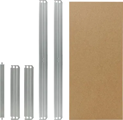 A collection of metal shelf components and a brown panel, laid out on a white background.