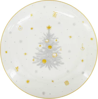 A Christmas-themed plate with a decorated Christmas tree and ornaments.