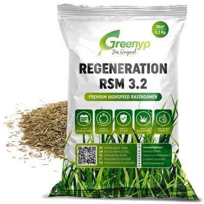 Image de Greenyp® Turbo Post-ensemencement I RSM Graines de gazon Post-ensemencement 3.2 I 0,2kg pour 10m² I Gazon à germination rapide I Gazon de réparation Graines de gazon