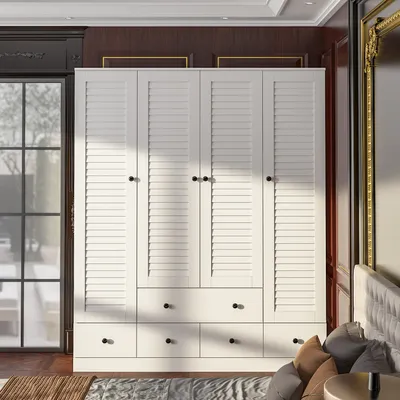 Produktbild von 180 cm hoch Weißer Kleiderschrank,4 Türen mit Lamellen-Design,2 Kleiderstangen,5 Schubladen,Aufbewahrungsschrank,Kleiderschrank mit Flügeltüren