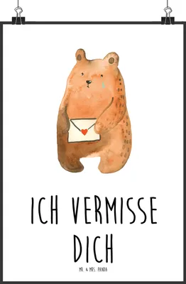 Produktbild von Mr. & Mrs. Panda Bild Bär Vermissen DIN A3 - Weiß - Geschenk, drucke, Unglücklich Verliebt, Reise, Plakat, Freund, Teddy, Verreist, Liebeskummer, Wanddekoration, Freundin