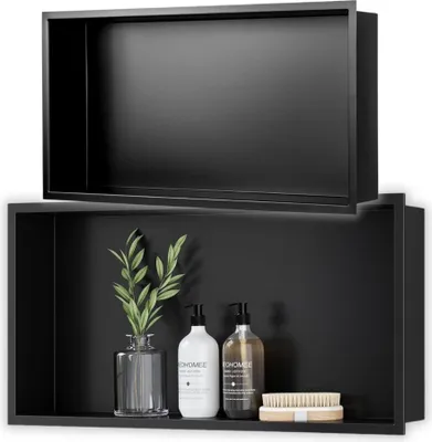 Obrázok produktu pre Zápustná polica 60x30x10 cm, čierna matná, do sprchy, s nerezovou prírubou