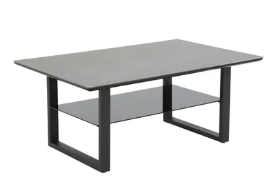 A modern coffee table with a ceramic-look top and a dark glass shelf, presented on a white background.