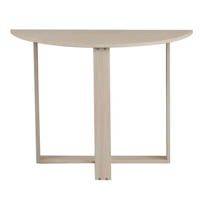A light wood half-round console table with a simple frame structure, shown against a white background.