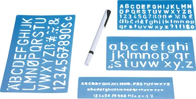 A set of stencils for writing letters and numbers, along with a pen, laid out on a white background.