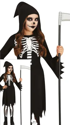 Productafbeelding van Skelettenkostuum voor Halloween, griezelig en spookachtig, fantasiekleding, compleet, maat: 128/134, kleur: zwart