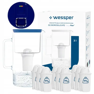 Produktbild von Wessper D2 BOROSILICATE futureflow™ Wasserfilterkanne 3 L Blau – mit 10 AquaClassic Filter