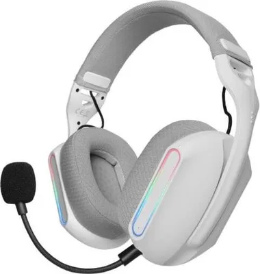 A white gaming headset with a microphone is shown against a white background.