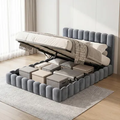 Image de Lit capitonné INONEFT 180x200 cm avec fonction de charge USB, lit double à lattes avec coffre de rangement, lit pour adolescents avec éclairage LED et sommier à lattes, revêtement en velours, couleur gris