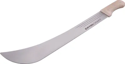 A machete with a wooden handle is shown against a white background.