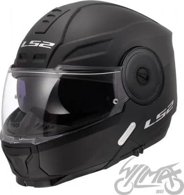 A black LS2 motorcycle helmet is shown against a white background.