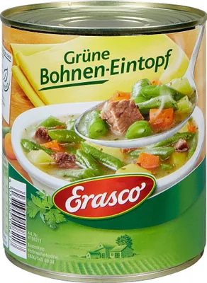 A close-up of a food can label showing a bowl of green bean stew.