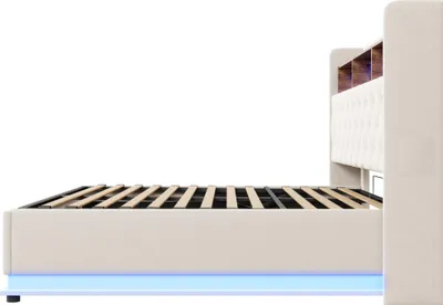 Produktbild von Polsterbett 180 x 200 cm, Stauraumbett mit USB-Ladeanschluss und hydraulischem Stauraum, hautfreundlicher Leinenstoff, Beige