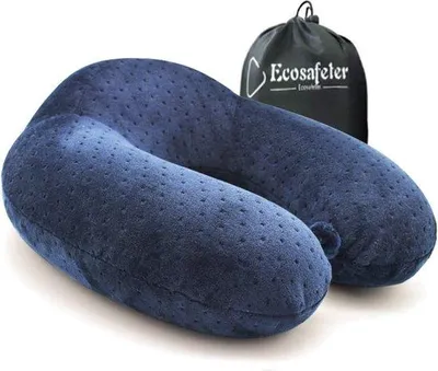Imagen del producto de Almohada de viaje Unyqoos® Ecosafeter: Almohada de apoyo para el cuello con espuma viscoelástica, compacta y ligera, con soporte de 360° para el cuello, fabricada con espuma viscoelástica de alta densidad, funda de terciopelo lavable, se comprime hasta 1/4 y viene con una bolsa de transporte