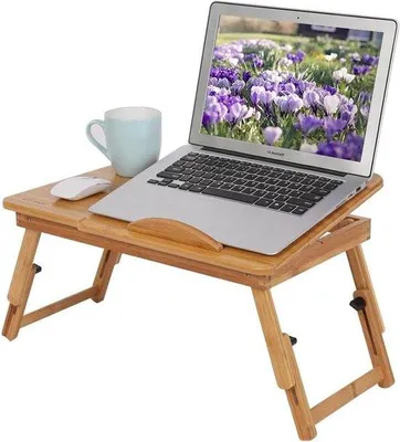 Obrázek produktu pro Skládací stolek k posteli, snídaňový stolek s nastavitelnými nohami, dřevo