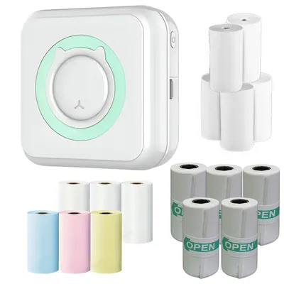 Obrázok produktu pre Prenosná USB termotlačiareň pre smartfón, mobilná fototlačiareň bez atramentu, 5 roliek samolepiaceho papiera, 6 farebných, 5 bielych roliek termopapiera - MINIORINTPACK