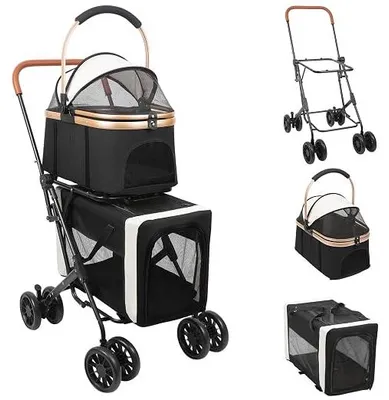 Imagen del producto de Cochecito para mascotas de dos niveles, transportador plegable para perros con caja de transporte desmontable, compartimento de almacenamiento y ventanas de malla, plegable, ideal para mascotas de hasta 40 kg ()