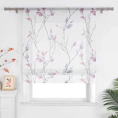 Produktbild von Joyswahl Raffrollo Modern Küche Gardinen Fensterrollo Raffgardine Mit Blättern Kurz Vorhang Mit Tunnelzug Landhausstil Transparent Lila BxH: 120x140 cm