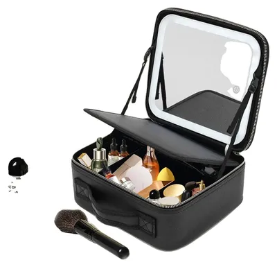 Produktbild von Kosmetiktasche, Kunstleder, 26cm x 23cm x 11cm, verstellbare Fächer, LED-Beleuchtung, 2000mAh Akku