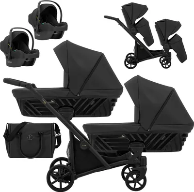 Produktbild von Kinderwagen IVENTO DUO 3 in 1 Komplettset Zwillingskinderwagen Geschwisterwagen Zwillingsbuggy Doppelkinderwagen (Black Pearl, Rahmenfarbe: schwarz)