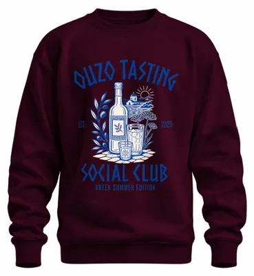 Productafbeelding van Ouzo-proeverij Social Club, Griekse Zomer Editie, Hellas, Anijs-sweatshirt, model trui, bordeauxrood, maat XXL