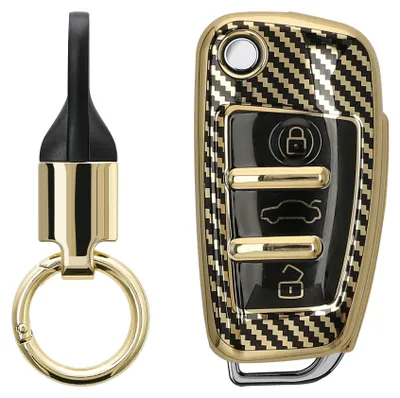 Produktbild von kwmobile Autoschlüssel Hülle kompatibel mit Audi 3-Tasten Klappschlüssel Hülle - Schlüsselhülle mit Key Ring Anhänger - Cover Gold Schwarz