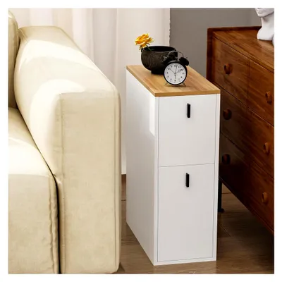 Produktbild von Schmaler Nachttisch, Beistelltisch mit 2 Schubladen, flexibel einbaubar, Beige, 25x51x68 cm