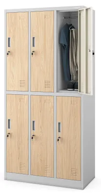 Immagine prodotto di Armadietto a scomparti 3B2A, armadietto di sicurezza, armadietto metallico, armadietto spogliatoio a 6 scomparti, lamiera d'acciaio verniciata a polvere, 185 cm x 90 cm x 45 cm, grigio / rovere Sonoma