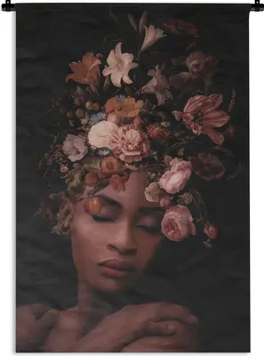 Produktbild von MuchoWow® Wandteppich Wandbehang Frauen - Blumen - Schwarz 90x135 cm Tapisserie Dekoration Wandtuch - Baumwolle - Wandskulptur