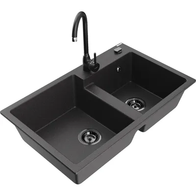 Obrázek produktu pro Mexen Tomas 2-miskový granitový dřez s kuchyňskou baterií Telma, Skvrnitá černá - 6516-76-670200-70-B