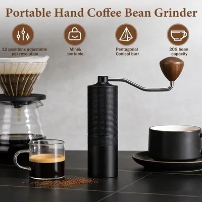 Produktbild von Unyqoos® Manuelle Kaffeemühle mit 38 mm Edelstahlscheibe, 12 Mahlstufen, Aluminiumlegierung, Walnuss-Holzgriff, schwarz