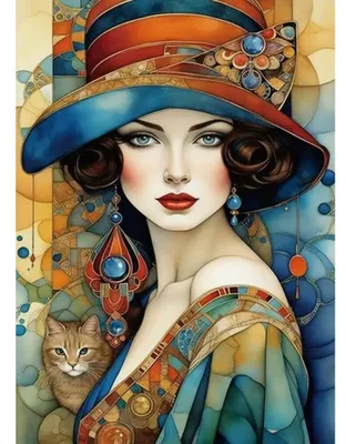 Image de Mosaïque diamantée représentant une femme sur fond de vitrail, dimensions 30x40 cm. Création artistique en diamants