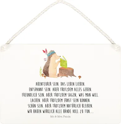 Produktbild von Mr. & Mrs. Panda Schild Igel Federschmuck DIN A4 - Weiß - Geschenk, Camping, Deko Wandbild, Abenteuer, Holzschild, holzbild, Indianer, Türschild, Tiere, Lagerfeuer, Holz