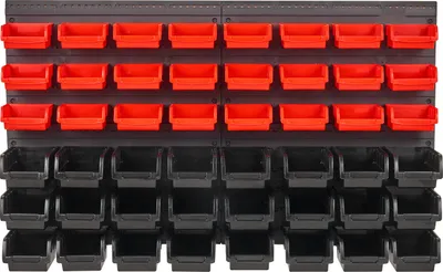 Immagine prodotto di SucceBuy contenitori a muro, organizzatore di scaffali per pezzi di ricambio con 48 contenitori e pannelli a muro, organizzatore di attrezzi da garage in plastica per dadi, bulloni, viti, chiodi, perline, bottoni e piccoli pezzi, nero e rosso