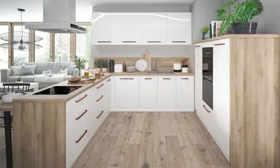 Produktbild von U-Form Winkelküche ESSEN mit Arbeitsplatten 289x250x188cm Teilauszug weiß Fronten Acryl Hochglanz