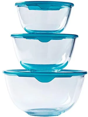 Image de Ensemble de 3 bols mélangeurs en verre borosilicaté Ibeneo® : 0,5/1/2 L (Ø14/17/21 cm), adaptés au four, au micro-ondes, au congélateur et au lave-vaisselle, avec couvercles hermétiques sans BPA