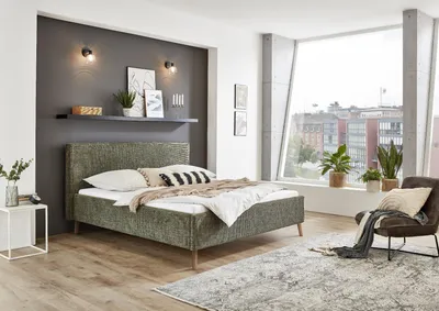 Produktbild von Meise Möbel Polsterbett Riva 160x200 cm | Doppelbett | Bettgestell | Kopfteil mit Keder | Webstoff Moosgrün | Holzfuß eichefarbig