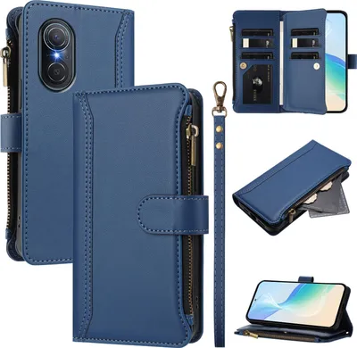 Image de Etui pour Huawei Nova 9 SE/Honor 50 SE, zippé, étui portefeuille en cuirPolyuréthaneavec pochettes pour cartes, support et dragonne bleu
