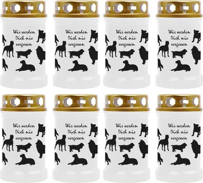 Produktbild von Grabkerze Weiß 8er Pack, Brenndauer: 40 Stunden ( je Kerze ), Motiv: Hunde