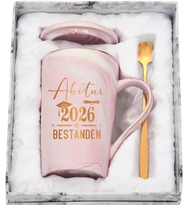 Productafbeelding van Koffiemok "Afstuderen 2026" - Cadeau - 400 ml - Roze keramiek met lepel en deksel