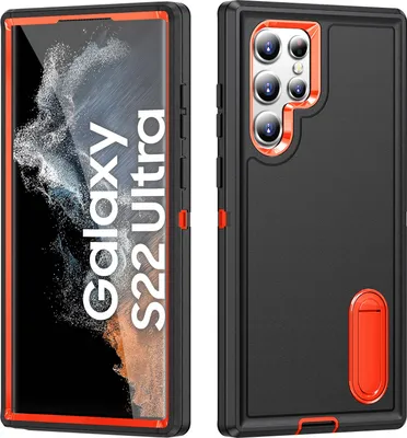 Produktbild von Hülle für Samsung Galaxy S22 Ultra 5G Hybrid Dreilagige Robust Stoßfest Schwerlast Schutzhülle mit Ständer Schwarz Orange