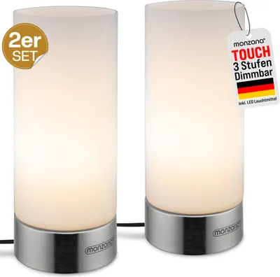 Produktbild von MONZANA® Nachttischlampe 2er Set Touch Dimmbar mit LED Leuchtmittel Glasschirm Tischlampe Tischleuchte Wohnzimmer Schlafzimmer Nachtlicht Leselampe