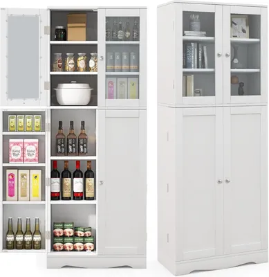Produktbild von KOMFOTTEU Hochschrank Vitrinenschrank Holz, Küchenschrank Badezimmerschrank mit Glasstür & Regal, 60x31,5x161,5 cm (Weiß)