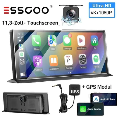 Zdjęcie produktu dla Lusterko wsteczne z monitorem, radio samochodowe 11-calowy ekran dotykowy, bezprzewodowe CarPlay i Android Auto, nawigacja GPS, kamera samochodowa (dashcam), przednia kamera, kamera cofania, rozdzielczość 1080p/4K, format 2 DIN
